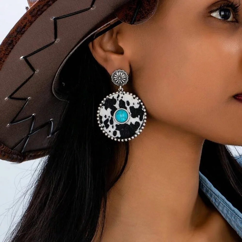 Cow Print Round Turquoise Stone Earrings Silver Tone Western Rodeo Jewelry NEW